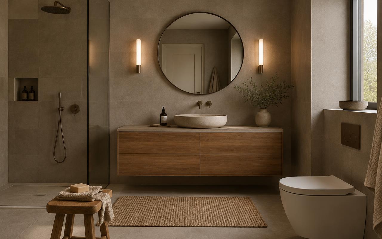 Salle de bain habillée d’un film effet béton ciré taupe